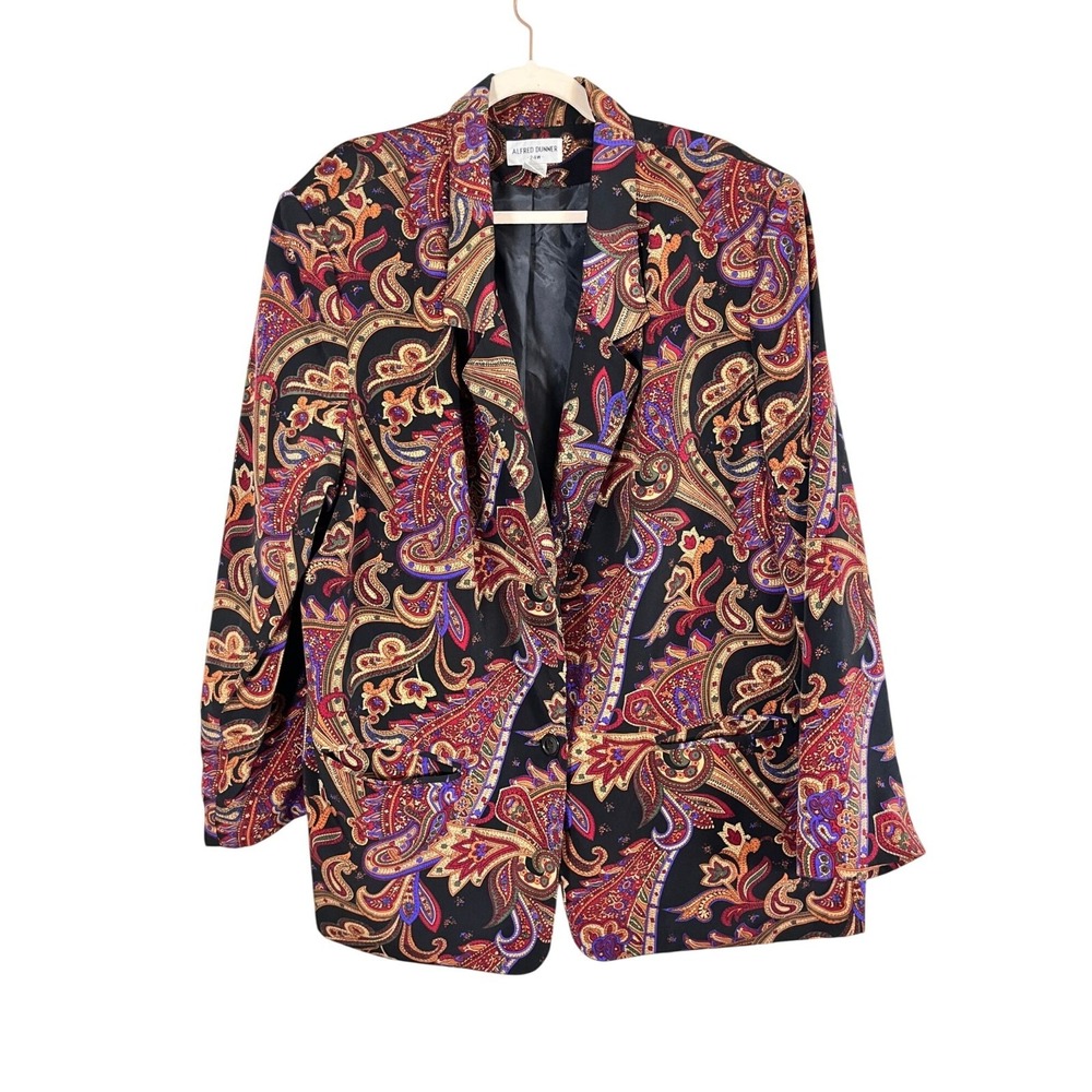 Retro Floral Colorful Paisley Blazer Black 24W Relaxed Classic Chic Work Preppy